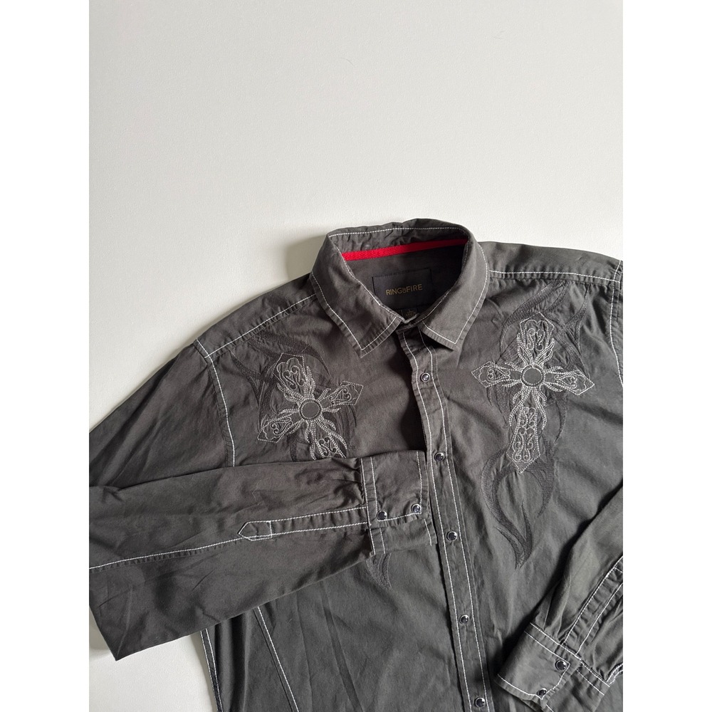 Ring of Fire Mens Charcoal Grey Embroidered Cross Button Down Shirt Large L